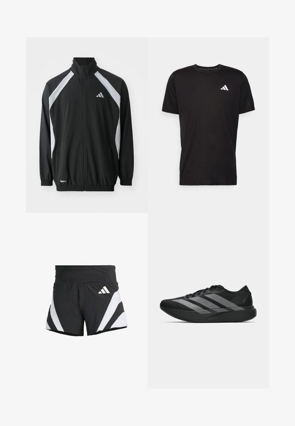 adidas Performance TECH - Jakna za treniranje - black/halo silver-coloured; Crna pamučna majica s kratkim rukavima, okruglim izrezom i bijelim logotipom na lijevoj strani prsnog koša. Glatka tekstura i jednostavan dizajn.; adidas Performance ADIZERO A M - Sportske kratke hlače - black; Crne atletske tenisice s laganim dizajnom, koje imaju tri istaknute sive pruge, glatku teksturu i oblikovanu pogodnu potplat.