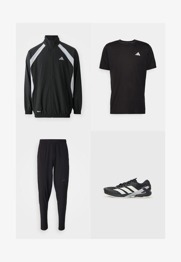adidas Performance TECH  - Trainingsjacke - black/halo silver-coloured; Schwarzes Baumwoll-T-Shirt mit kurzen Ärmeln, Rundhalsausschnitt und einem weißen Logo auf der linken Brust. Glatte Textur und einfaches Design.; Schwarze Sporthosen mit elastischem Bund, tailliertem Design, Seitentaschen und dezenten Logo-Details. Hergestellt aus flexiblem, atmungsaktivem Material.; Schwarzer Sportschuh mit weißen Streifen, Obermaterial aus Mesh, runde Zehenform und gepolstertem Sohlenteil. Verfügt über eine strukturierte Ferse und ein sicheres Schnürsystem.