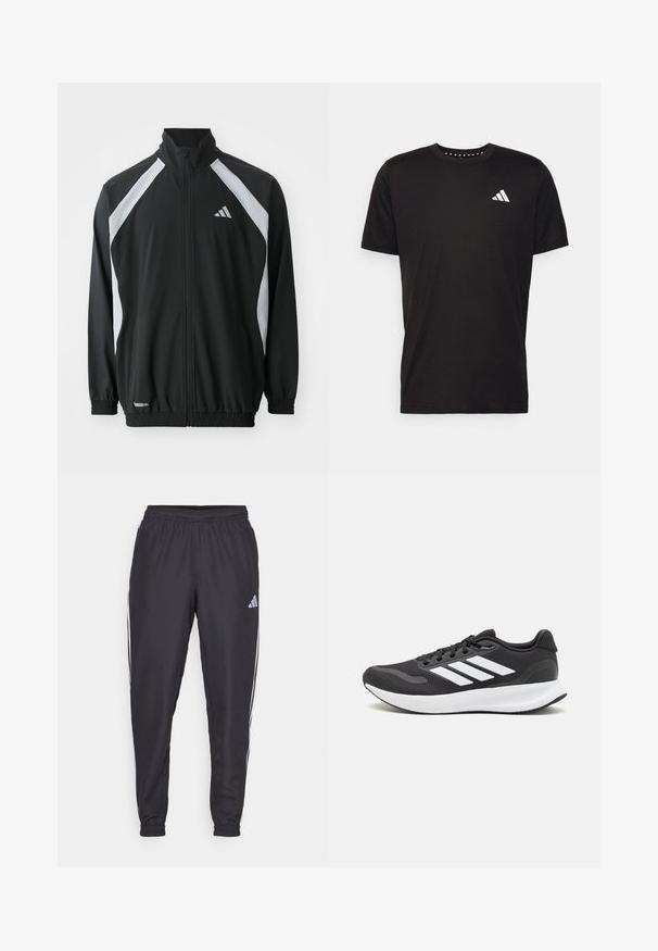 adidas Performance TECH - Treniņjaka - black/halo silver-coloured; Melna kokvilnas t-krekls ar īsām piedurknēm, apaļu dekoltē un balto logo uz kreisā krūts. Gluda tekstūra un vienkāršs dizains.; Melni sporta bikses ar elastīgu jostu, kurām abās pusēs ir baltas svītras un maza logo uz gurniem. Gluda tekstūra.; Melnas sporta kurpes ar elpojošu acs augšu, baltām akcentiem un mīkstu zoli. Sānā ir trīs svītru logo.