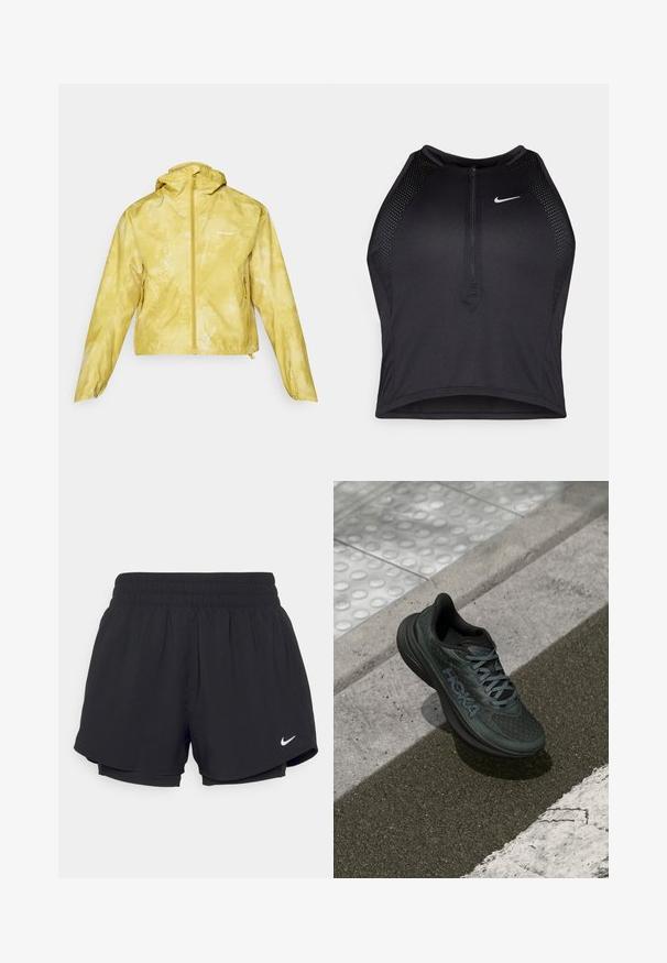 Kollane kerge jope, millel on kapuuts, tõmblukuga esitasku, pehme kangastekstuuri ja peened lillemustrid pinnal.; Must negra spordiline crop top, millel on lukk ees, võrgukangast detailid ja vormiv disain. Valmistatud venivast ja hingavast kangast. Nike logo ees.; Mustad mustad lühikesed püksid kokkutõmmatava elastse vöökohtadega, sisemise voodriga ja valge Nike logo alumises vasakus nurgas. Sile, kerge kangas.; Musthave mustad jooksujalats, millel on võrkpinna ülemine osa, tekstuuriga aktsendid ja logo, millel on pehme sola ja hallid paelad, asetatud asfaldile.