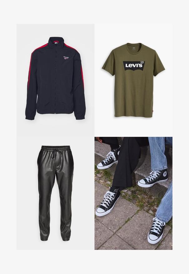 Fekete sportdzseki piros oldalsávokkal, cipzárral és álló gallérral. A Reebok logó a bal felső mellrészen található. Könnyű anyagból készült.; Olívazöld pamutpóló, melyen egy nagy fekete Levi's logó látható, kontrasztos, félköríves formában a mellkas közepén. Normál szabású.; Fekete bőr jogger nadrág, rugalmas derékkal és állítható zsinórral. Simább textúra, szűkített szabás és bordázott bokák.; Fekete magas szárú vászon sportcipők fehér gumi talppal és fűzőkkel, az oldalukon kör alakú logóval, farmernadrággal és fekete nadrággal párosítva.