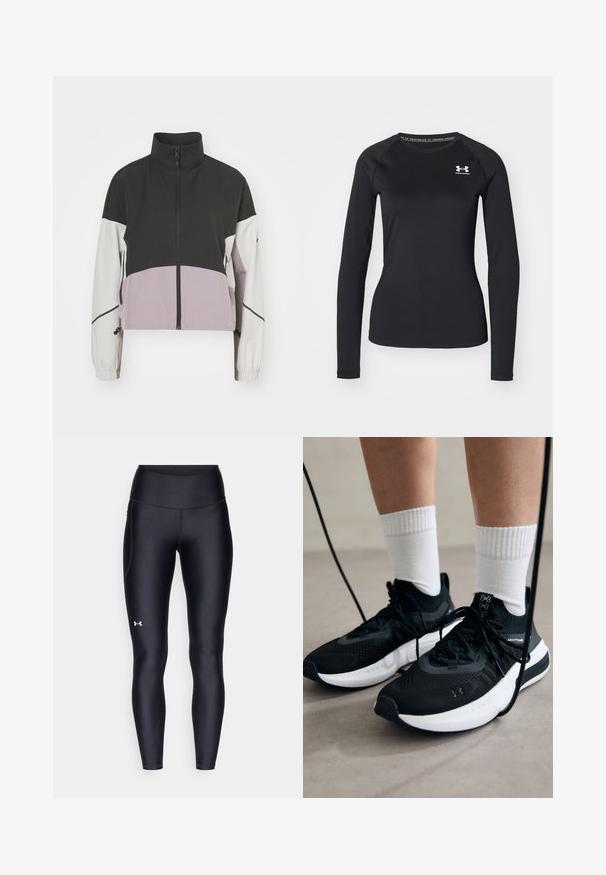 Mustunud jakk mustas, valges ja lavendlis, millel on kõrge krae, lukuga kinnitus ja elastsed varrukad. Omab värbloki disaini koos küljetaskutega.; Must lâuhi keskmise käisteta sportlik särk, mis on valmistatud siledast kangast, ümmarguse kaelusega ning väikese valge logoga vasakul rinnal.; Mustad mustad, venitatud materjalist, kõrge vöökoht. Vasakul reie kohal on valge logo ning tihe disain.; Mustad mustad jalanõud tekstuuritud kangast, valge tallaga ja mustade paeltega. Kanna valgete soonikkudega sokkide sisse, seistes helesinisel pinnal.