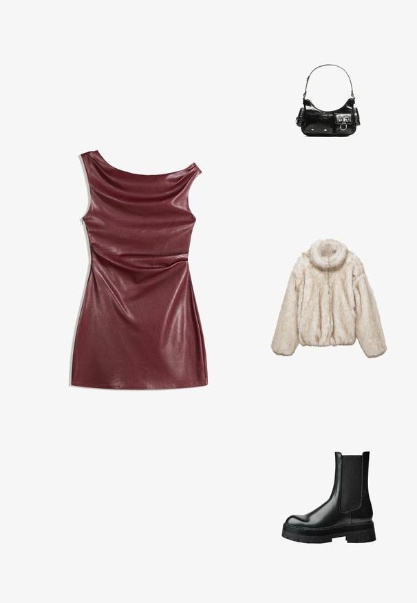 Faux fur cropped jacket in light beige with a high collar, long sleeves, and soft, fluffy texture. Features a front zip closure.; Burgundy sleeveless dress made of glossy faux leather, featuring a draped design and a mid-thigh length with a subtle contouring effect.; Black leather ankle boot with elastic side panel, round toe, chunky platform sole, and textured upper for added grip.; Black patent leather handbag with a curved shape, one shoulder strap, front pockets, and silver-tone hardware accents.