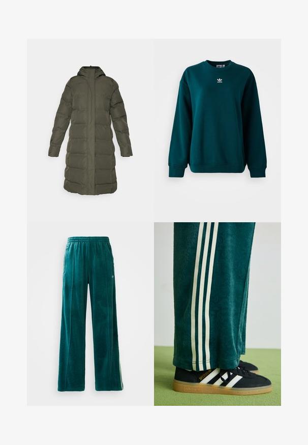 Olivgrön pufferjacka, knälång, med huva, långa ärmar och vertikal sömnad för textur. Fram zippered stängning, inga fickor.; Mörkgrön Adidas-tröja med långa ärmar och vitt Adidas-logotyp centrerad på bröstet, uppvisad mot en vit bakgrund.; Turkosa velour-joggers med lös passform, elastisk midja, sidofickor och subtilt mönster. Har kontrasterande ränder längs sidorna.; Gröna strukturerade byxor med vita sidostriper, i kombination med svarta Adidas-sneakers med tre vita striper och en gummisula.