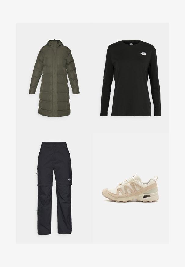 Oliivinvihreä puffatakki, polvipituinen, jossa on huppu, pitkät hihat ja pystysuora ommel tekstuurin lisäämiseksi. Edessä vetoketjukiinnitys, ei taskuja.; Musta pitkähihaisen t-paita, joka on valmistettu puuvillasta ja jossa on pyöreä kaula-aukko. Vasemmassa rinnassa on pieni valkoinen logo. Yksinkertainen muotoilu ja istuvuus.; Mustat nailonista valmistetut irrotettavat cargo-housut säädettävillä lahkeilla, useilla taskuilla ja logolla oikeassa jalassa. Liukas, kevyt rakenne.; Beige ja kreemi värvi sportlikud jalanõud, millel on tekstiilne mesh ülemine osa, toetavad ülekatted ja kummist tald, millel on mustripattern haardeks.