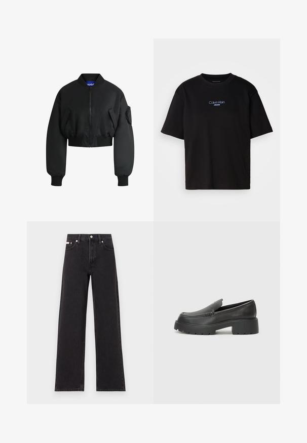 Zwarte bomberjack gemaakt van gladde stof. Beschikt over een ritssluiting, ribgebreide manchetten en twee voorkruisen. Verkort ontwerp met een relaxte fit.; Zwart katoenen T-shirt met ronde hals, korte mouwen en blauw geborduurd "Calvin Klein JEANS" logo op de voorkant.; Zwarte wijde spijkerbroeken van denim, met een hoge taille, vijf-pocket stijl en een metalen knoopsluiting met contrasterende stiksels.; Zwarte leren instappers met een ronde neus, dikke getextureerde zool en minimale stikseldetails. Strak ontwerp zonder zichtbare veters of hardware.