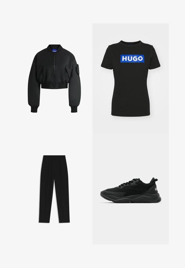 Zwarte bomberjack gemaakt van gladde stof. Beschikt over een ritssluiting, ribgebreide manchetten en twee voorkruisen. Verkort ontwerp met een relaxte fit.; Zwarte t-shirt met korte mouwen van katoen, met een grote blauwe rechthoekige grafiek waarop het woord "HUGO" in witte vette letters staat.; Zwarte broeken met een rechte pasvorm, voorzien van dubbele plooien, een zachte textuur en een klassiek taillebandontwerp. Geen zichtbare hardware of accenten.; Zwarte sportieve sneakers met een textuur bovenkant, vetersluiting, gevoerde zool en een merkaccent op de hiel.
