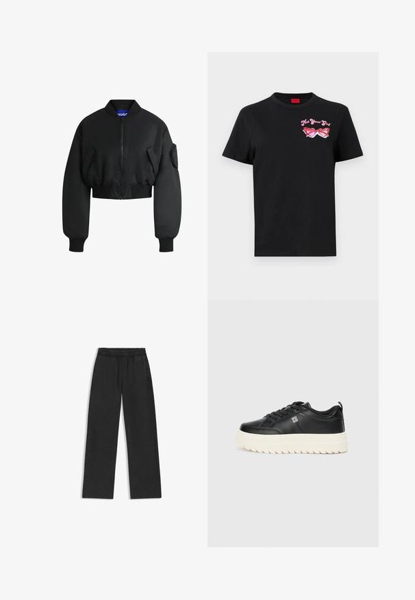 Schwarze Bomberjacke aus glattem Stoff. Verfügt über einen Reißverschluss, gerippte Ärmelbündchen und zwei Fronttaschen. Verkürztes Design mit einem lockeren Schnitt.; Schwarzes Baumwoll-T-Shirt mit kurzen Ärmeln, das auf der linken Brustseite eine pinkfarbene Grafik von Sonnenbrillen und den Text "Not Your Girl" zeigt.; Schwarze weit geschnittene Hosen mit einem elastischen Bund, weicher Textur und seitlichen Taschen. Schlichtes Design ohne sichtbare Muster oder Beschläge.; Schwarze Leder-Sneaker mit einer klobigen weißen Sohle, runder Zehenpartie und flachen Schnürsenkeln; mit dem "HUGO"-Logo an der Seite und einer strukturierten Sohle für besseren Halt.