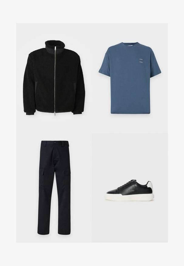 Chaqueta de forro polar negra con cuello alto, cremallera completa y puños acanalados. La tela tiene una apariencia texturizada y difusa.; Camiseta de algodón azul con cuello redondo clásico, mangas cortas, corte relajado y dos pequeños logotipos impresos en el pecho. Textura suave.; Pantalones cargo negros hechos de una tela resistente, con un corte recto en las piernas, dos bolsillos laterales y un cierre de botón en la cintura.; Zapatillas de piel negra con suela de goma blanca. Presentan puntera redonda, diseño de cordones y detalle del logotipo en el costado. Acento trasero en blanco.