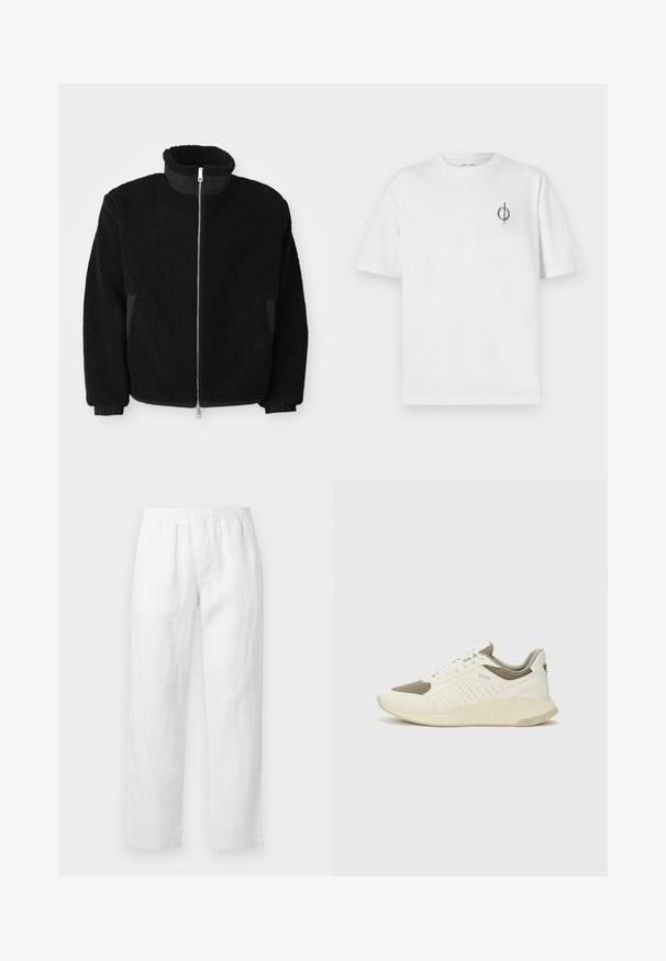 Juodas šviesos sluoksnio džemperis su aukštu apykakle, pilnu užtrauktuku ir raukiniais ant rankogalių. Audinys turi tekstūruotą, pūkuotą išvaizdą.; Balta medvilninė marškinė su laisvu siluetu, su mažą juodą grafiką logotipą kairėje krūtinės pusėje. Trumpomis rankovėmis, apvaliu kaklu.; Baltos lino kelnės su elastiniu liemeniu, tiesių kojų piešiniu ir minkšta tekstūra be matomų raštų ar aparatūros detalių.; Baltas ir šviesiai bežinis sportinis kedas, su tinklo viršumi, perforuotais detalėmis ir tekstūruotu tarpine su logotipu ant kulno.