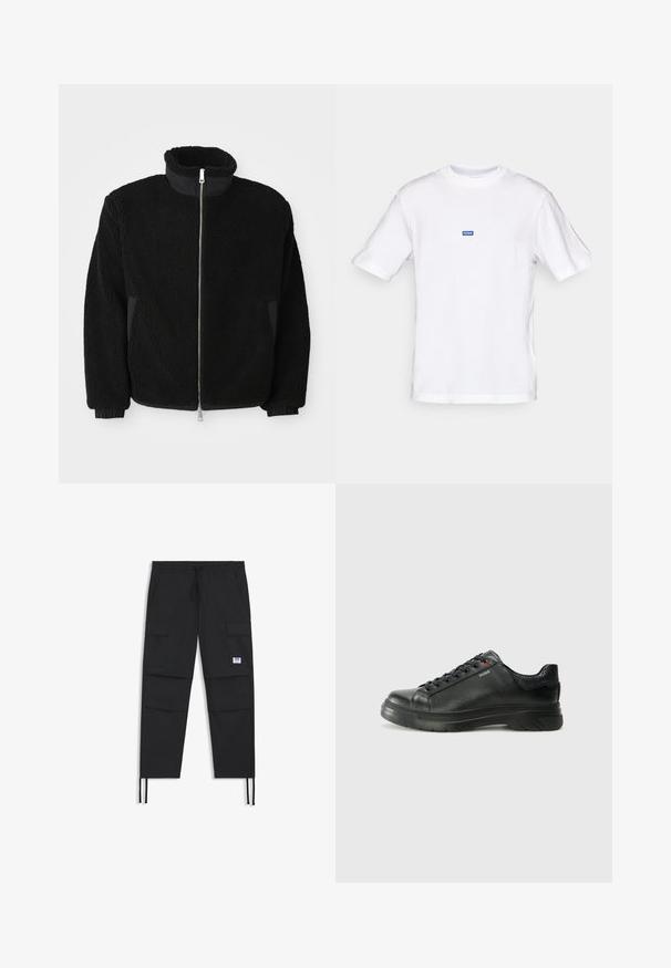 Fekete bolyhos dzseki magas gallérral, teljes cipzárral és bordázott mandzsettákkal. Az anyag texturált, bolyhos megjelenésű.; Fehér pamut póló rövid ujjakkal, kerek nyakkivágással, és egy kis kék "HUGO" címkével a felső mellrészen. Simább textúrájú, klasszikus szabású.; Fekete cargo nadrág, állítható derékkal, több zsebbel, rugalmas mandzsettával és diszkrét logóval. Könnyű anyagból készült.; Fekete bőr sportcipő, textúrált felsőrésszel, párnázott bokarésszel és piros logóval. Vastag gumitalppal rendelkezik, amely jellegzetes futási mintázattal bír.