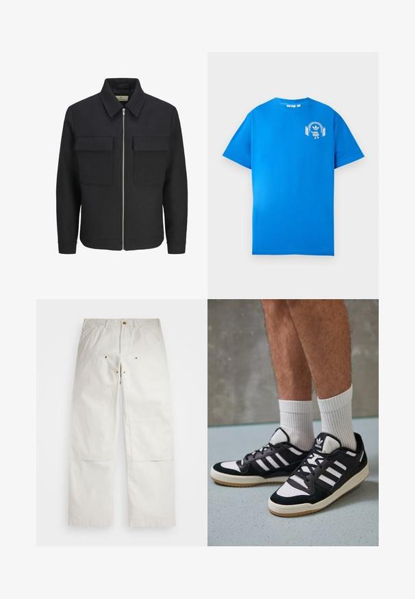 Sorte zip-fra-jakke lavet af tekstureret stof, med kravehals, to brystlommer og en lige nederkant.; Blå bomulds t-shirt med korte ærmer. Har et hvidt grafisk design på forsiden, der viser en karakter med hovedtelefoner og en bue.; Hvide bomuldsbukser med en afslappet pasform, der har forlommer, guld hardware detaljer og knælapper.; Sorte og hvide sneakers med en overdel i ruskind og læder, der har tre hvide striber, en perforeret tå og en sål i gummigummi.