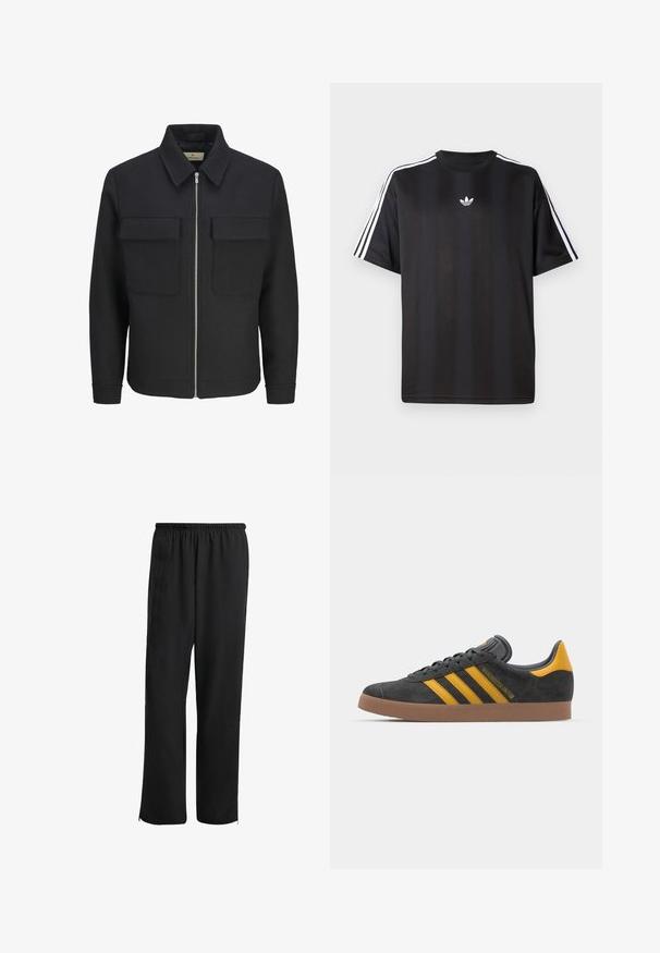 Musta vetoketjullinen takki, joka on valmistettu teksturoidusta kankaasta. Takissa on kauluksellinen kaula, kaksi rintataskua ja suora helma.; Musta lyhythihainen T-paita, jossa valkoiset kolmioviivain yksityiskohdat hartioissa ja pieni valkoinen logo rinnassa. Silkkinen kangastuntuma.; Mustat urheiluhousut, joissa on joustava vyötärö, suora lahjesuunnittelu, sivutaskut ja vetoketjulliset lahkeensuut, valmistettu sileästä ja kevyestä kankaasta.; Mustat samettiset tennarit, joissa on keltaisia yksityiskohtia, kolmonen raita ja ruskea kumipohja. Sisältää pehmustetun kielisen mukavuutta varten.