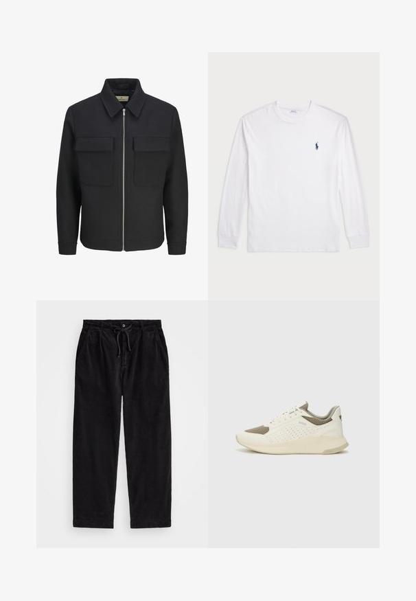 Black zip-front jacket made of textured fabric, featuring a collared neck, two chest pockets, and a straight hem.; White long-sleeve T-shirt made of cotton. Features a round neckline, ribbed cuffs, and a small navy blue polo logo on the left chest.; Black corduroy pants with a relaxed fit, featuring an elastic waistband with a drawstring, and side pockets. Fabric shows ribbed texture.; White and light beige athletic sneaker, featuring a mesh upper, perforated detailing, and a textured midsole with branding on the heel.