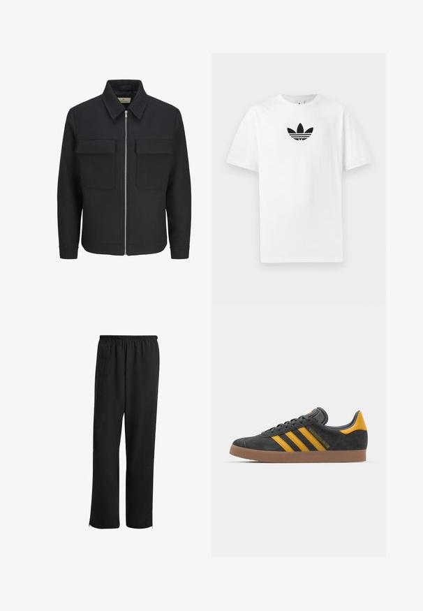 Black zip-front jacket made of textured fabric, featuring a collared neck, two chest pockets, and a straight hem.; White cotton T-shirt featuring a black Adidas logo at the center. Short sleeves and a crew neck design. Smooth texture.; Black athletic pants with an elastic waistband, straight-leg design, side pockets, and zippered cuffs, made from a smooth, lightweight fabric.; Black suede sneaker with yellow accents, featuring three stripes and a brown rubber sole. Includes a padded tongue for comfort.