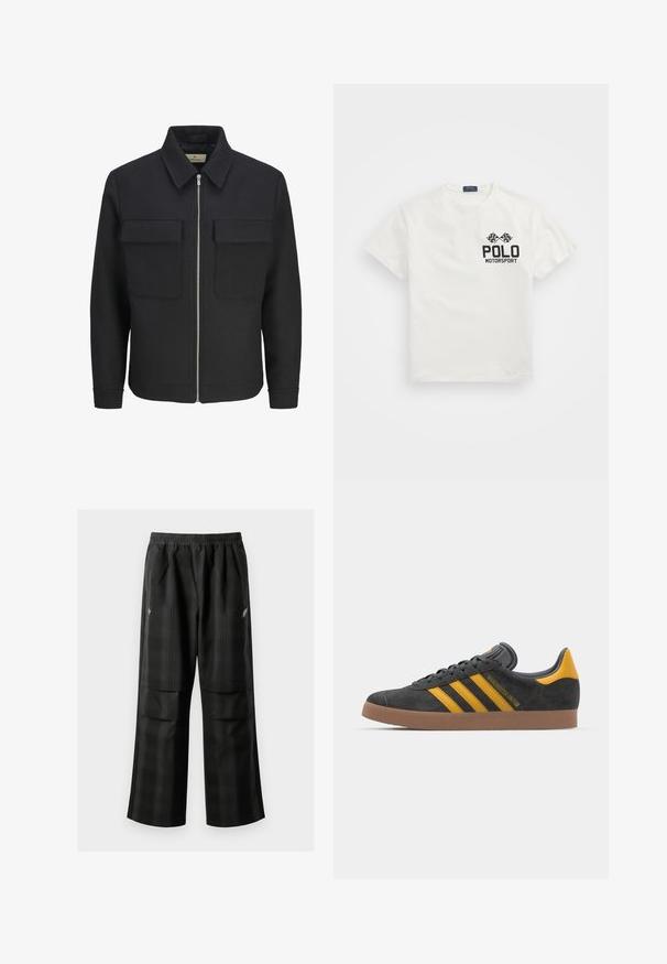 Black zip-front jacket made of textured fabric, featuring a collared neck, two chest pockets, and a straight hem.; White cotton T-shirt with a round neck, featuring a black "Polo Motorsport" logo and crossed checkered flags on the left chest.; Black plaid pants featuring an elastic waistband, two front pockets, and a loose fit with a straight leg design. Made from lightweight material.; Black suede sneaker with yellow accents, featuring three stripes and a brown rubber sole. Includes a padded tongue for comfort.