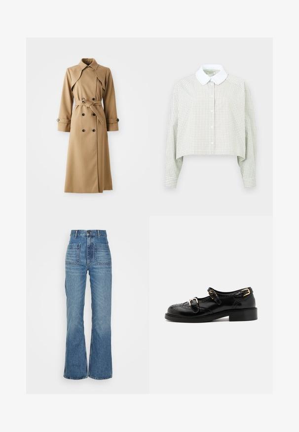 Šviesiai smėlinis trikampis paltas su dvigubais mygtukais, plačiu apykakle, dirželiu liemeniui ir ilgomis rankovėmis. Pasižymi raštuota medžiaga ir mygtukų akcentais.; Šviesiai žalia ir balta langeliais supjaustyta marškinėlių palaidinė. Su balta apykakle ir ilgomis rankovėmis su sagomis. Minkšta medžiaga.; Aukštai tiesi mėlyni džinsai su platėjančiomis kojomis, dviem priekinėmis kišenėmis ir dviem galinėmis kišenėmis; tekstūruotas audinys su blukimo efektu.; Juodi odiniai batai su brogučių detalėmis, turintys dvi sagtis, apvalų nosį ir žemą kulną. Lygus paviršius su blizgiu finišu.