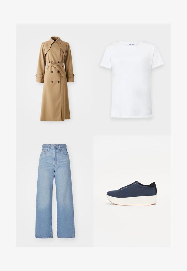 Homokszínű trench kabát dupla gombolással, széles gallérral, övvel ellátott derékkal és hosszú ujjakkal. Mintázott anyaggal és gomb díszítéssel rendelkezik.; Fehér, rövid ujjú póló, pamutból készült, kerek nyakkivágással. Sima textúrájú, egyenes vonalú, minta vagy díszítés nélkül.; Világoskék, magas derekú, bő szárú farmernadrág, elülső gombbal és cipzárral, elülső és hátsó zsebekkel, fehér háttérrel.; Sötétkék sportcipő, texturált szövet felsőrész, fehér platform talp, lekerekített orr és fekete sarok akcentussal. Hat fűzőlyuk található rajta.