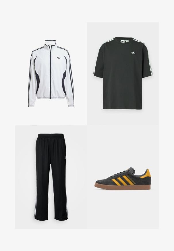 Bílá sportovní bunda z lehkého materiálu, s černými bočními akcenty, třemi černými pruhy na rukávech a malým logem na hrudi.; Černé bavlněné tričko s krátkými rukávy, kulatým výstřihem a bílými třemi pruhy na ramenou. Na hrudi je malá bílá logo.; Černé sportovní kalhoty s elastickým pasem, s bílými bočními pruhy a malým logem. Materiál vypadá měkce a lehce.; Černé semišové tenisky se žlutými akcenty, vybavené třemi pruhy a hnědou gumovou podrážkou. Obsahují polstrovaný jazyk pro pohodlí.