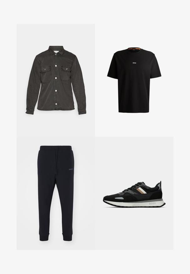 Jaqueta de ganga preta com mangas longas, fecho frontal com botões, dois bolsos de peito com aba e um colarinho clássico. Textura suave com um acabamento desbotado.; T-shirt preta em algodão com gola redonda, mangas curtas e logo branco "BOSS" centrado no peito. Textura suave, corte casual.; Calças de fato pretas feitas de material macio, com uma cintura elástica, cordão e pernas ajustadas. Apresenta um pequeno logotipo de lado.; Shoe de corrida preto com uma superfície texturizada, detalhes cinza claro e três riscas horizontais em castanho. Apresenta uma sola branca acolchoada.