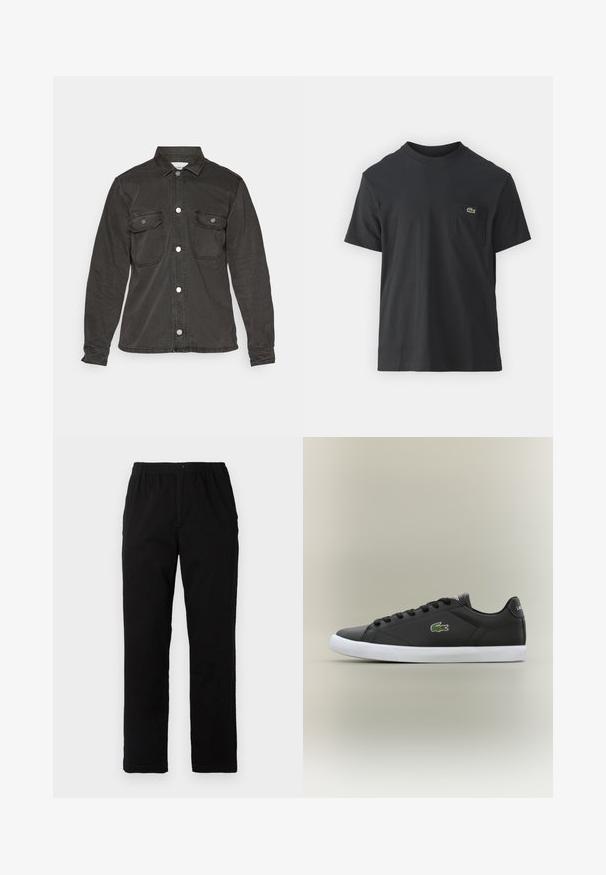 Černá džínová bunda s dlouhými rukávy, zapínáním na knoflíky, dvěma náprsními kapsami s klopami a klasickým límcem. Hladká textura s vybledlým povrchem.; Černé bavlněné tričko s krátkým rukávem, kulatým výstřihem a malým zeleným logem na levé kapse. Jednoduchý design, klasický střih.; Černé kalhoty vyrobené z bavlněné směsi, s rovný střih, elastickým pasem s knoflíkem a bez viditelných vzorů či akcentů.; Černé kožené tenisky s bílou gumovou podrážkou, se zeleným logem krokodýla a kulatými tkaničkami, elegantní design s hladkým povrchem.