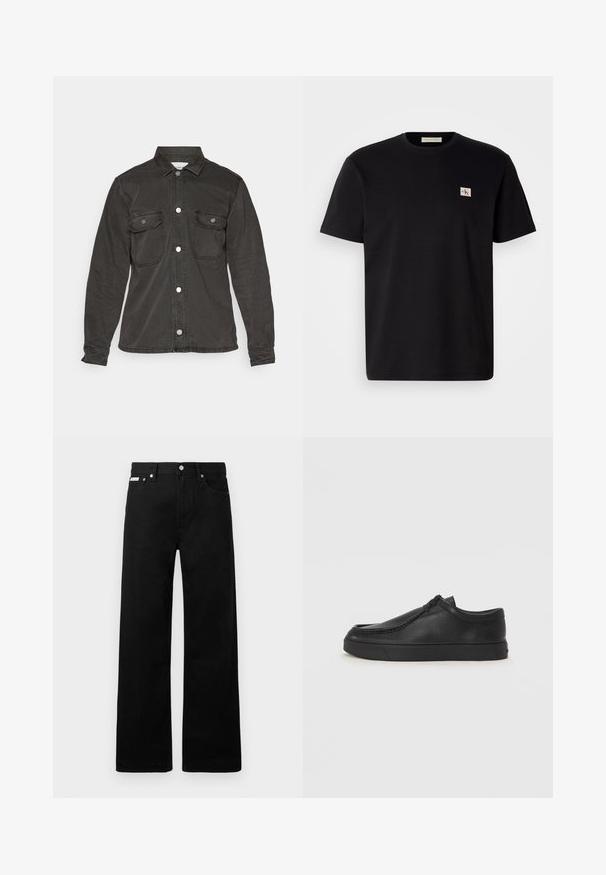 Mustmust denim jakk, millel on pikad varrukad, nööpidega esikülg, kaks rinna-taskut klappidega ja klassikaline krae. Sujuv tekstuur, millel on kulunud välimus.; Mustmustärg t-särk lühikeste varrukatega, ümmarguse kaelusega ja väike tikitud logo vasakul rinnal. Sile tekstuur, tavaline sobivus.; Mustadest denimist püksid laiade jalgadega, viie tasku ja metallist nööpidega. Sile tekstuur, nähtavad mustrid puuduvad.; Must na ostri varvastega musta nahast libisemisega king, millel on tikand ja must kummitald. Sile tekstuur ja minimalistik disain.