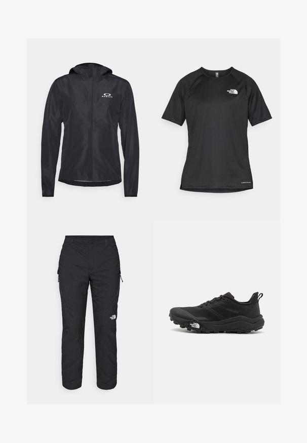 Jachetă ușoară neagră, confecționată dintr-un material neted și rezistent la apă. Include o glugă și un logo alb în partea stângă sus.; Tricou athletic scurt, de culoare neagră, cu un material texturat, având un logo alb pe partea stângă a pieptului și un tiv drept.; The North Face WINTER EXPLORATION TAPERED CARGO - Pantaloni outdoor - black; Pantofii de alergare pe teren accidentat, de culoare neagră, cu un superior texturat, talpă din cauciuc și vârf întărit. Prezintă un guler căptușit și o bandă de prindere pentru îmbrăcare ușoară.
