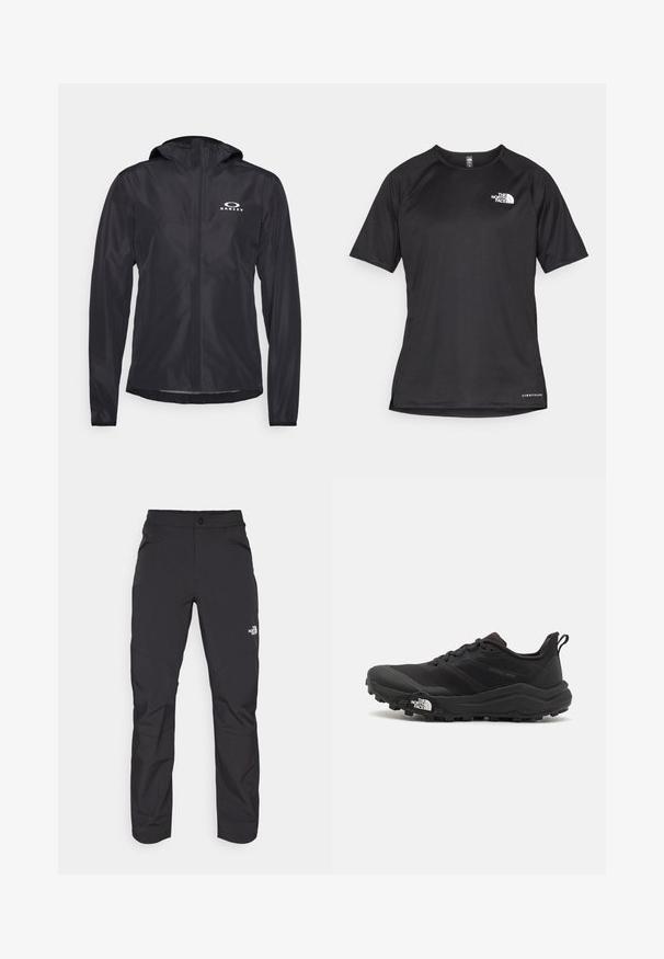 Fekete, könnyű dzseki sima, vízálló anyagból. Kapucnival készült, és fehér logóval a bal felső oldalon.; Fekete, rövid ujjú sportpóló struktúrált anyagból, bal mellen fehér logóval és egyenes aljjal.; Fekete kültéri nadrág, cipzáras elülső zsebbel, szintetikus anyagból készült, szűkített lábakkal és megerősített térdpanelekkel. Gombos záródással rendelkezik.; Fekete terepfutó cipő, textúrált felső résszel, gumitalppal és megerősített lábujjrészével. Párnázott bokarésszel és húzófüllel rendelkezik a könnyű felhúzáshoz.