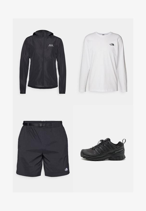 Black lightweight jacket made of smooth, water-resistant fabric. Features a hood and a white logo on the upper left side.; White long-sleeve T-shirt made of cotton with a crew neck. Features a small black logo on the chest. Smooth texture, regular fit.; Black lightweight shorts with a relaxed fit, featuring an adjustable belt, side pockets, and the North Face logo on the lower right leg.; Black athletic shoe with a textured synthetic upper, cushioned sole, and a quick-lacing system. Features a reinforced toe and heel.