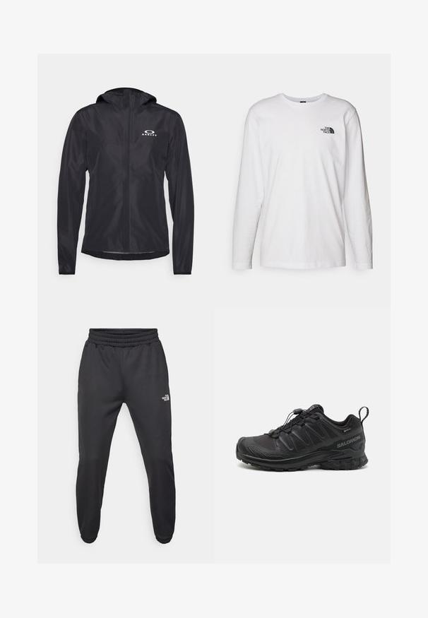 Giacca leggera nera realizzata in tessuto liscio e resistente all'acqua. Presenta un cappuccio e un logo bianco sul lato superiore sinistro.; T-shirt bianco a maniche lunghe in cotone con colletto rotondo. Presenta un piccolo logo nero sul petto. Texture liscia, vestibilità regolare.; Pantaloni sportivi neri con vita regolabile tramitecordino, vestibilità affusolata, polsini elasticizzati e un piccolo logo bianco sulla coscia sinistra, realizzati in tessuto morbido.; Scarpa sportiva nera con parte superiore in sintetico testurizzato, suola imbottita e sistema di allacciatura rapida. Presenta una punta e un tallone rinforzati.