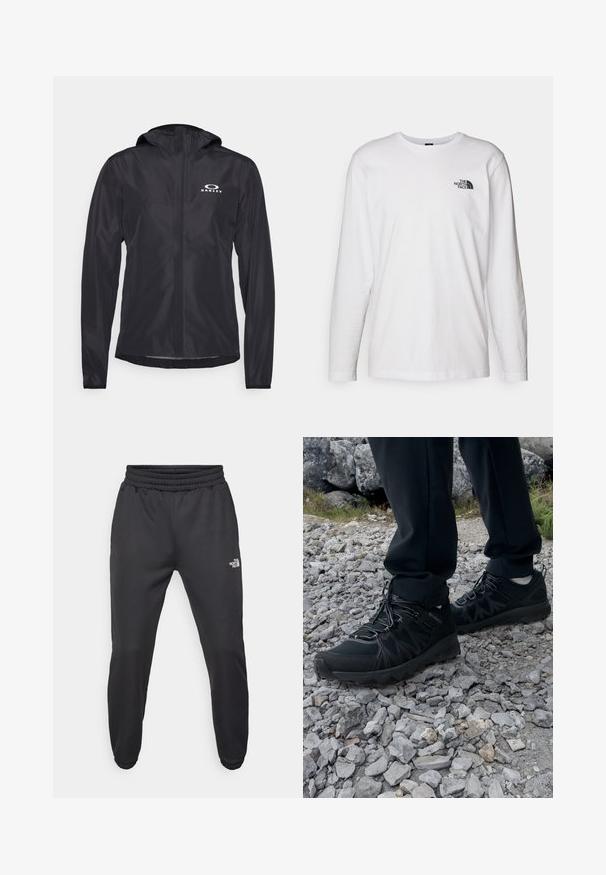Sort letvægtsjakke lavet af glat, vandafvisende stof. Har hætte og et hvidt logo på den øverste venstre side.; Hvid langærmet T-shirt lavet af bomuld med rund hals. Har et lille sort logo på brystet. Glat tekstur, almindelig pasform.; Sorte sweatpants med snor i livet, tætsiddende pasform, elastiske manchetter og et lille hvidt logo på venstre lår, lavet af glat stof.; Sorte udendørssko med mesh og syntetisk materiale, med en tekstureret overdel, sikre snørebånd og en robust ydersål, på klippelandskab.