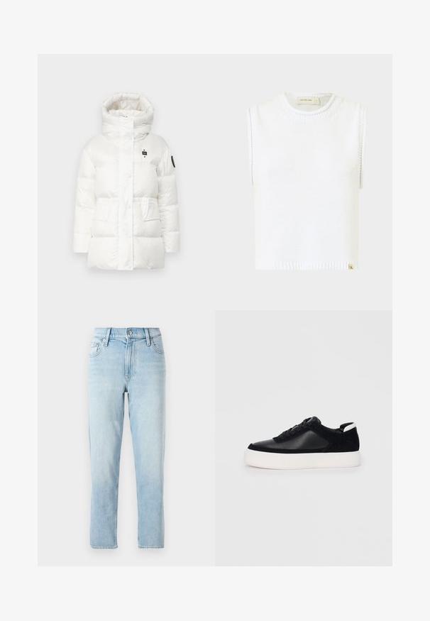 White puffer jacket with a high collar, large padded sections, and a front button closure. Features two front pockets and a logo patch on the sleeve.; White sleeveless knit top with a round neckline, ribbed hem, and side stitching details; features a small branded tag at the bottom.; Light blue denim jeans, straight-leg design, mid-rise waist, with five-pocket styling and a button closure at the front.; Black sneaker with smooth leather and suede panels, flat laces, rounded toe, and a white rubber sole. Distinct logo on the heel.