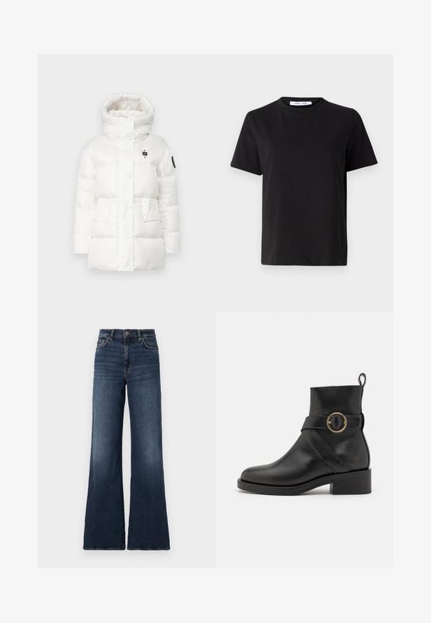 Biała kurtka puchowa z wysokim kołnierzem, dużymi wypchanymi sekcjami i zapięciem na guziki z przodu. Posiada dwie przednie kieszenie oraz naszywkę z logo na rękawie.; Czarny t-shirt z krótkim rękawem wykonany z miękkiej bawełny, z okrągłym dekoltem, luźnym krojem i gładką fakturą. Bez widocznych wzorów ani grafik.; Szerokie ciemnoniebieskie dżinsy z wysokim stanem. Posiadają klasyczny pięciopocketowy krój oraz subtelne przetarcia na udach. Zapięcie na metalowy guzik.; BOSS IRYNA czarny