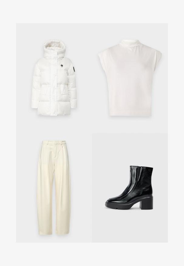Hvid pufferjakke med høj krave, store polstrede sektioner og lukning med knapper foran. Har to frontlommer og et logo-patch på ærmet.; Hvid ærmeløs turtleneck top lavet af blødt stof, med en struktureret design, glat tekstur og diskret ribbet kantdetalje.; Plisserede, højlivede bukser i let cremefarvet stof. Har en lige pasform og en glat tekstur. Ingen lommer eller synligt hardware.; Sorte patenterede læderankelstøvler med en buet tå, elastiske sidepaneler og en kraftig blokhæl. Har et præget logo på bagsiden.