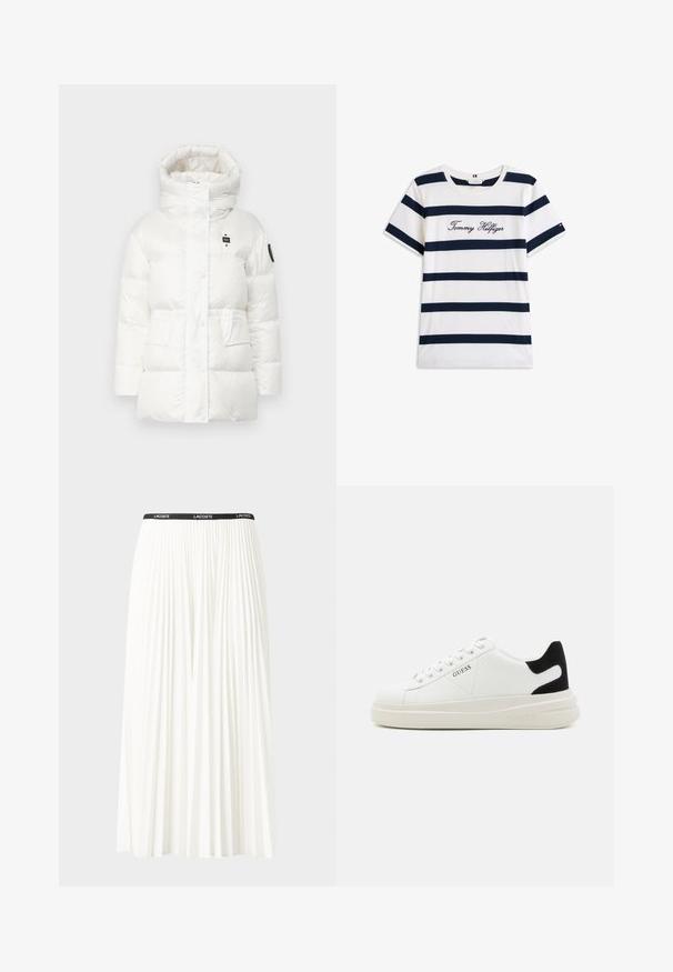 Bílá péřová bunda s vysokým límcem, velkými polstrovanými částmi a předním zapínáním na knoflíky. Obsahuje dvě přední kapsy a nášivku loga na rukávu.; Bavlněné tričko s horizontálními námořnickými pruhy na bílém pozadí. Na hrudi je výšivka "Tommy Hilfiger" v kurzívě. Kulatý výstřih.; Záhybová bílá sukně s černým elastickým pasem s logem "LACOSTE". Suška je střední délky a má jemnou texturu.; Bílé kožené tenisky s tlustou bílou podrážkou, černým semišovým akcentem na patě a vyraženým logem na boku. Šněrovací design se šesti očka.