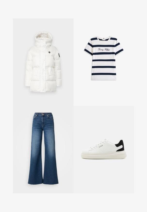 White puffer jacket with a high collar, large padded sections, and a front button closure. Features two front pockets and a logo patch on the sleeve.; Cotton T-shirt with horizontal navy stripes on a white background. "Tommy Hilfiger" embroidered in cursive on the chest. Crew neckline.; Wide-leg denim jeans in dark blue, featuring a high waist, subtle fading, and raw hem. Constructed from standard denim material.; White leather sneakers with a thick white sole, black suede heel accent, and embossed logo on the side. Laced design with six eyelets.