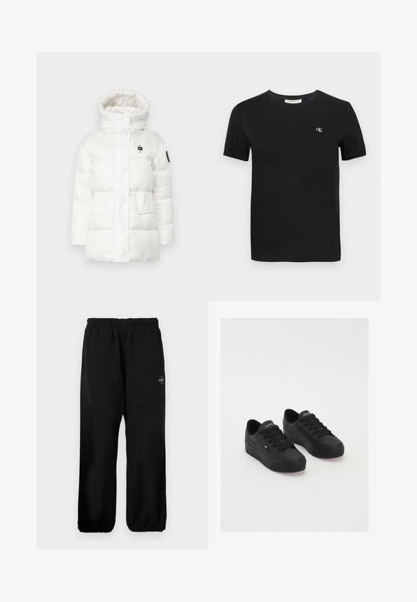 Weißer Puffer-Jacke mit hohem Kragen, großen gepolsterten Abschnitten und einer Vorderknopfleiste. Verfügt über zwei Vordertaschen und ein Logo-Patch am Ärmel.; Schwarzes Baumwoll-T-Shirt mit klassischem Rundhalsausschnitt, kurzen Ärmeln und einem kleinen weißen gestickten "ck"-Logo auf der Brust.; Schwarze Sweatpants mit einem elastischen Bund, weit geschnittenen Beinen und einem kleinen Logodetail auf der linken Seite. Glatte Stoffoberfläche.; Schwarze Low-Top-Sneaker aus glattem Material, mit dicken Schnürsenkeln, einer strukturierten Sohle und einem kleinen Logo an der Seite und auf der Zunge.