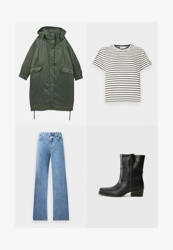 Oliven grøn oversized pufferjakke med hætte, trykknapper, to forlommer og justerbar snor i kanten. Glat, skinnende tekstur.; Kortærmet T-shirt i bomuld med rund hals, med sorte lodrette striber på en hvid baggrund og lige snit design.; Lyseblå denim jeans med vid ben-design, fem lommer, bæltestropper og knaplukning. Stofmaterialet har en glat tekstur.; Sort læder ankelstøvle med rundt tå, blokhæl, lynlås i siden og stikninger på vampsiden. Glat tekstur, klassisk design.
