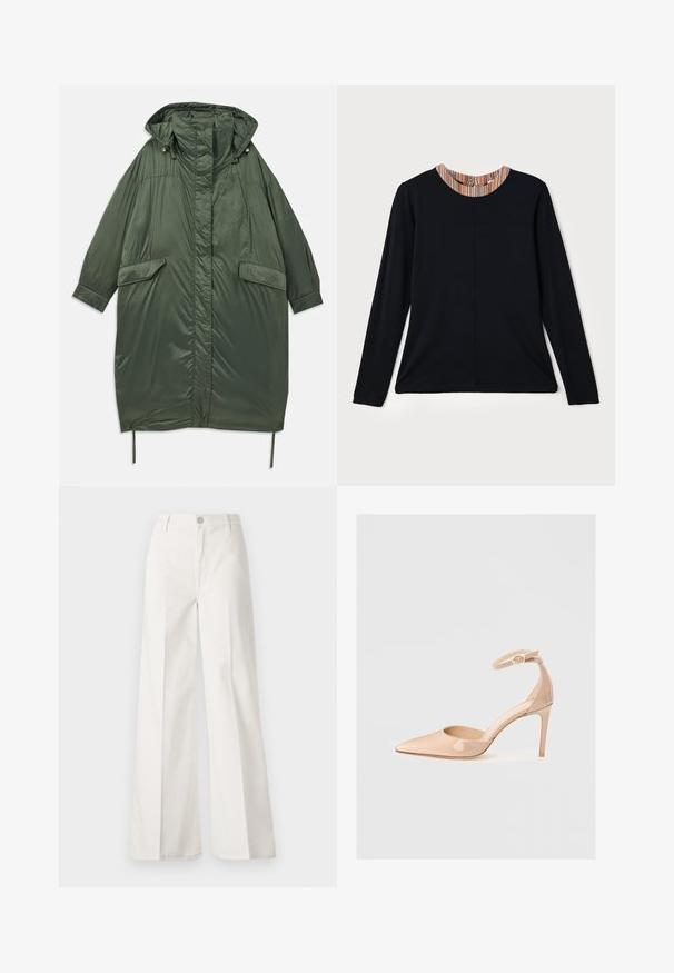 Maslinastozelena oversized puffer jakna s kapuljačom, dugmadi na kopčanje, dva prednja džepa i podešavajućim šnurkom na rubu. Glatka, sjajna tekstura.; Crni dugi rukav s okruglim izrezom koji ima višebojni trakasti naglasak na izrezu. Glatka tkanina s opuštenim krojem.; Bijele široke hlače izrađene od pamuka s glatkom teksturom. Imaju prednji gumb, patentni zatvarač i dizajn s četiri džepa.; Nude patentna kožna cipela s uskim vrhom, kaišem oko gležnja i štiklom, koja se odlikuje glatkom teksturom i minimalističkim dizajnom.