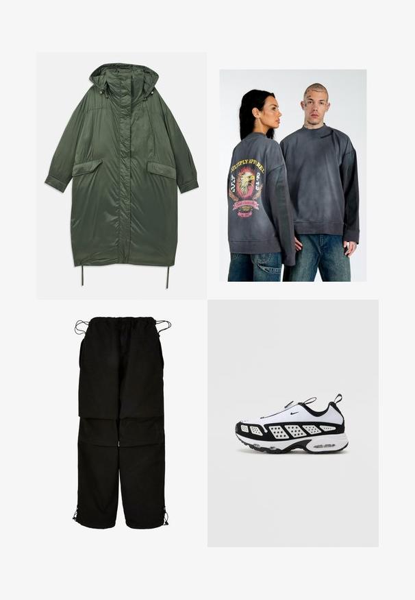 Cappotto imbottito oversize verde oliva con cappuccio, bottoni a pressione, due tasche frontali e cordino regolabile all'orlo. Texture liscia e lucida.; Felpa grigia oversize con una grafica di un aquila, un banner colorato e il testo "Multiply Apparel" sul retro. Texture morbida.; Pantaloni neri realizzati in tessuto leggero, con vita regolabile e orli con cordoncino. Progettati con una vestibilità ampia e diverse tasche.; Sneaker Nike in bianco e nero. Presenta un design aerodinamico, mesh traspirante e pannelli perforati a contrasto. Unità d'aria visibile nella suola.