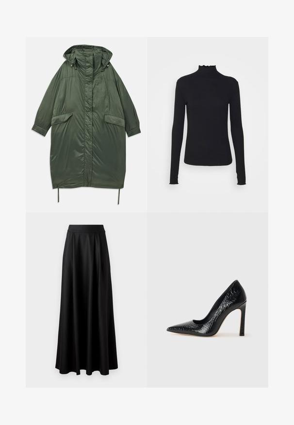 Vihreäoliivinvärinen oversized-tyyppinen toppatakki, jossa on huppu, napit, kaksi etutaskua ja säädettävä nyöri helmassa. Suora, kiiltävä pinta.; Musta pitkähihainen poolotoppi, joka on valmistettu sileästä kankaasta, jossa on röyhelökaulus ja tiukka siluetti yksinkertaisilla reunoilla.; Mustat, lattiapituinen hame, jossa on sileä pinta, leveä vyötäröosa ja plissoitu muotoilu, ilman näkyviä kuvioita tai koristeita.; Musta kapea nilkkakorkokenkä krokotiilin nahkakuviolla, joka on varustettu tyylikkäällä muotoilulla, korkealla stiletto-korkealla ja sileällä mustalla sisäosalla.