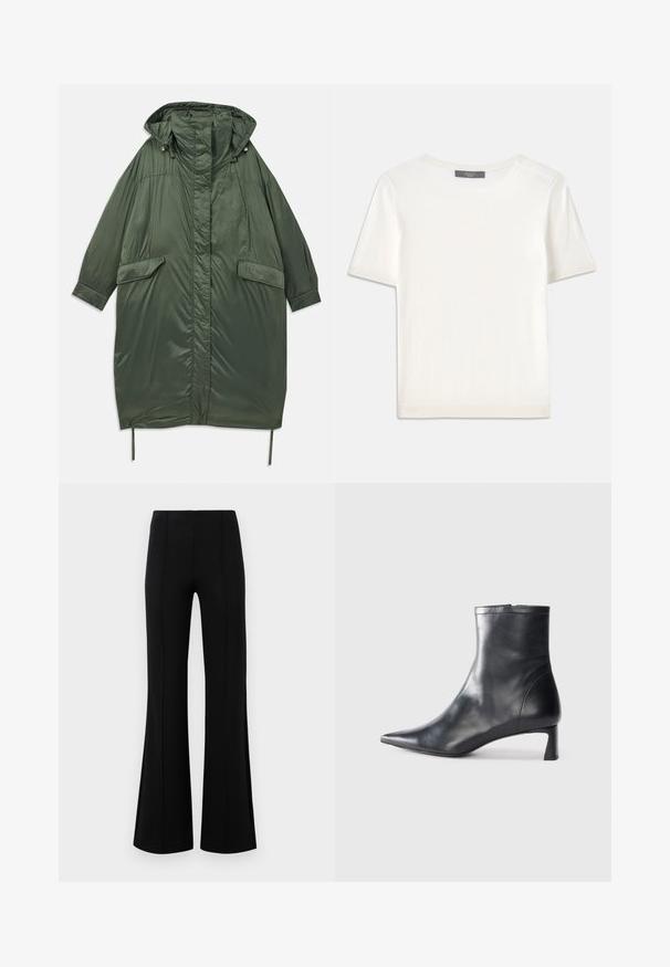 Geacă puffer supradimensionată de culoare verde măslinie, cu glugă, nasturi tip snap, două buzunare frontale și șnur ajustabil la tiv. Textură netedă, lucioasă.; Top tricotat alb cu mânecă scurtă, cu decolteu rotund, având o textură netedă și accente subtile cu nervuri la mâneci și la margine.; Pantaloni negri evazați, cu talie înaltă, fabricați dintr-un material elastic. Prezintă detalii cu cusături verticale în față și o textură netedă.; Cizmă de gleznă din piele neagră cu vârf ascuțit și un design elegant. Dispune de un toc mic și de o închidere cu fermoar la spate. Textură netedă.
