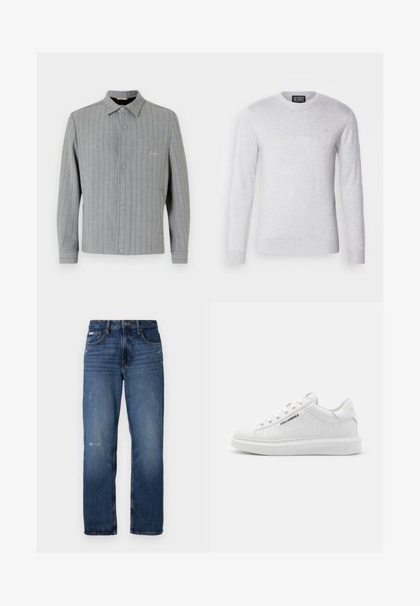 Pelēkā svītrainā jaka ar pogām priekšpusē, klasisku apkakli un sānu kabatām. Iezīmējas ar smalkām šuvju detaļām un teksturētu audumu.; Gai pelēks adīts džemperis ar garām piedurknēm, apaļu kakla izgriezumu un mazu logotipu izšūtu uz krūšu. Mīksta tekstūra, ikdienas dizains.; Zilas džinsu bikses ar taisnu kāju dizainu. Iezīmējas ar izbalējusiem laukumiem un vieglu nolietojumu priekšpusē, kā arī klasisku pogu aizdari.; Balti sporta apavi, kas izgatavoti no gludas ādas ar reljefotu rakstu. Iemaukti apaļā purngalā, ar auklām un teksturētu zoli. Sudraba logo detaļa sānos.