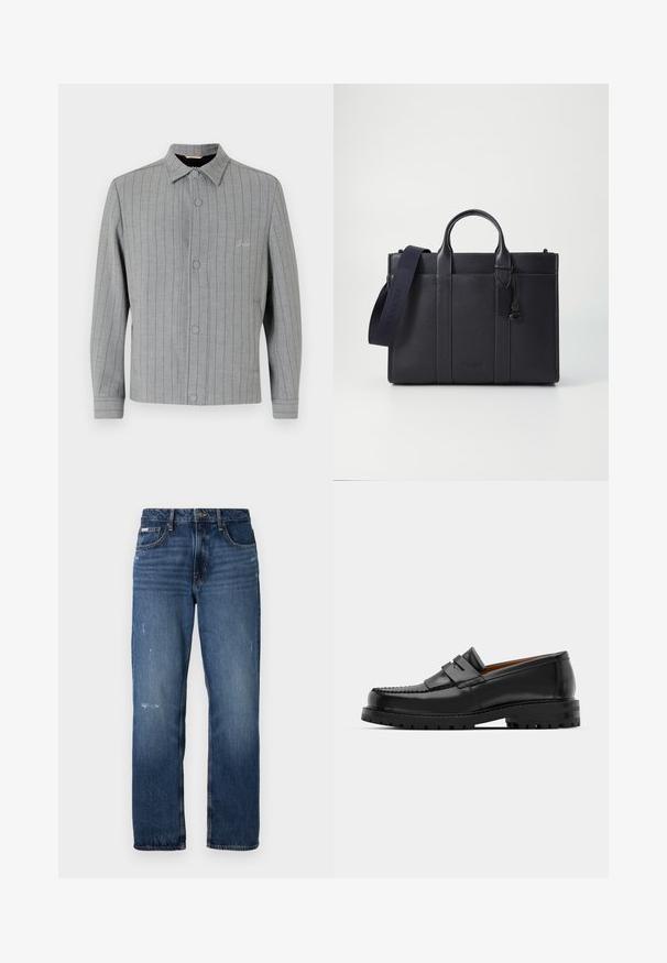 Pelēkā svītrainā jaka ar pogām priekšpusē, klasisku apkakli un sānu kabatām. Iezīmējas ar smalkām šuvju detaļām un teksturētu audumu.; Pelēks džemperis ar apaļu kakla izgriezumu, izgatavots no mīksta adījuma materiāla. Tam ir garas piedurknes, ribotas aproces un apakšmala, kā arī mazs logo birciņš sānos.; Balta kokvilnas krekla garajām piedurknēm ar pogām, kura dizainā ir klasiskā apkakle, priekšējās pogas un minimālistiska šuvju detaļa.; Zilas džinsu bikses ar taisnu kāju dizainu. Iezīmējas ar izbalējusiem laukumiem un vieglu nolietojumu priekšpusē, kā arī klasisku pogu aizdari.; Melni ādas loafers cepumi izceļas ar paceltu šuvu, divām dekoratīvām siksnām augšpusē un biezu teksturētu zoli labākai saķerei.; Tumši jūras zila ādas portfelis ar divām augšējām rokturiem un noņemamu siksnu. Ar teksturētu apdari, vertikālām šuvēm un logo detaļu.