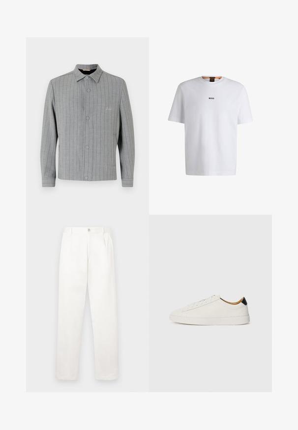 Sivý pruhovaný blejzer s gombíkovým zapínaním vpredu, klasickým golierom a bočnými vreckami. Obsahuje jemné detaily šitia a textúrovanú látku.; Biela bavlnená tričko s krátkymi rukávmi, na prednej strane so stredne umiestneným čiernym logom "BOSS" a okrúhlym výstrihom.; Biele nohavice vyrobené z hladkej tkaniny, s rovnými nohavicami, prednými záhybmi a jedným gombíkom na zapínanie v páse.; Biele tenisky s hladkým koženým zvrškom, okrúhlou špičkou a plochou podrážkou. Čierny detail na päte, s tonálnym viazaním a minimálnym brandingom.