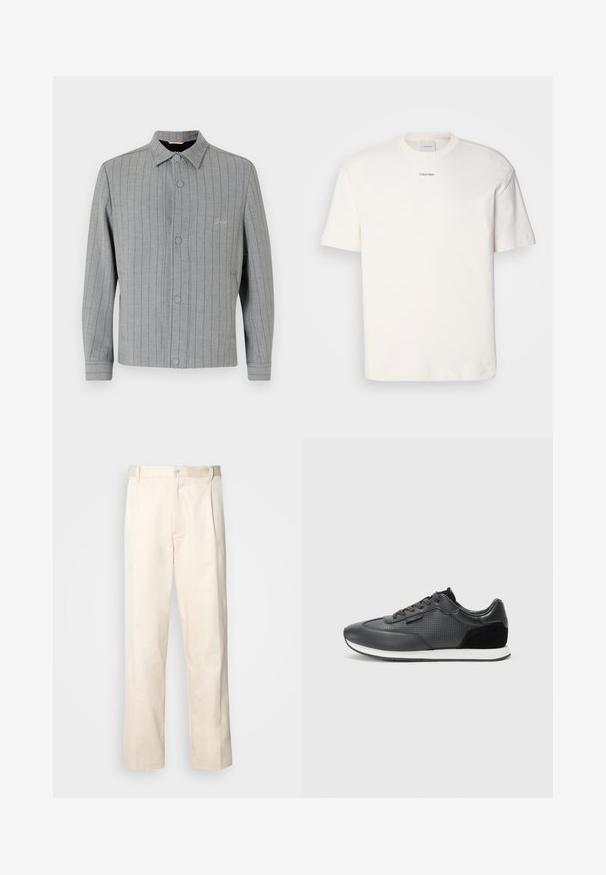 Szary, w paski żakiet z zapięciem na guziki z przodu, klasycznym kołnierzem i bocznymi kieszeniami. Charakteryzuje się subtelnymi detalami przeszycia oraz teksturowaną tkaniną.; Biała bawełniana koszulka z okrągłym dekoltem, krótkimi rękawami i haftowanym logo "Calvin Klein" na środku klatki piersiowej. Prosty wzór.; Beżowe bawełniane spodnie o prostym kroju nogawki, z zapięciem na guziki i plisami z przodu dla dodatkowego zdobienia.; Czarne sportowe sneakersy z cholewką ze skóry z perforowanymi detalami, zamszowymi akcentami i białą gumową podeszwą. Klasyczny sznurowany design.