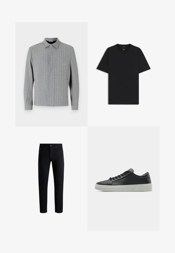 Giacca grigia a righe con chiusura a bottoni, colletto classico e tasche laterali. Presenta dettagli di cucitura discreti e un tessuto testurizzato.; Maglietta nera a maniche corte realizzata in un morbido misto cotone, con scollatura a girocollo e un design minimalista senza motivi o dettagli.; Jeans neri slim fit con cinque tasche, chiusura a bottoni e passanti per cintura, esposti su uno sfondo bianco.; Sneaker in pelle nera con una texture liscia, punta rotonda e lacci neri. Presenta una suola in gomma bianca spessa con sottili accenti geometrici.
