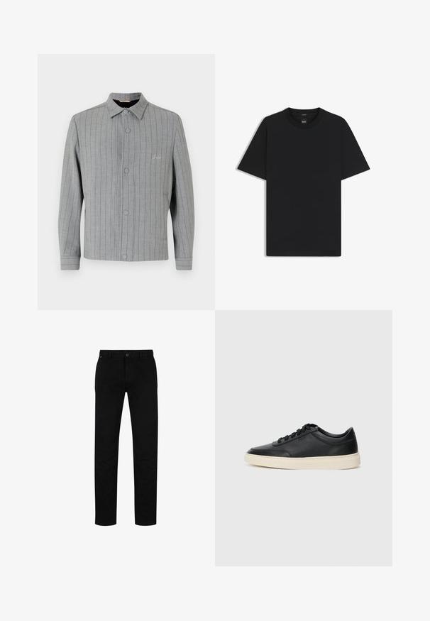 Grå randig jacka med knappstängning framtill, klassisk krage och sidofickor. Har subtil sömdetalj och strukturert tyg.; Svart kortärmad T-shirt i en mjuk bomullsblandning, med rundad halsringning och en minimalistisk design utan mönster eller detaljer.; Svarta bomullsbyxor med rak passform, med knappstängning, bälteshällor och minimalistisk design. Slät textur, utan mönster.; Svart låg skor i läder med svarta snören och off-white sula, visas i sidoprofil på vit bakgrund.