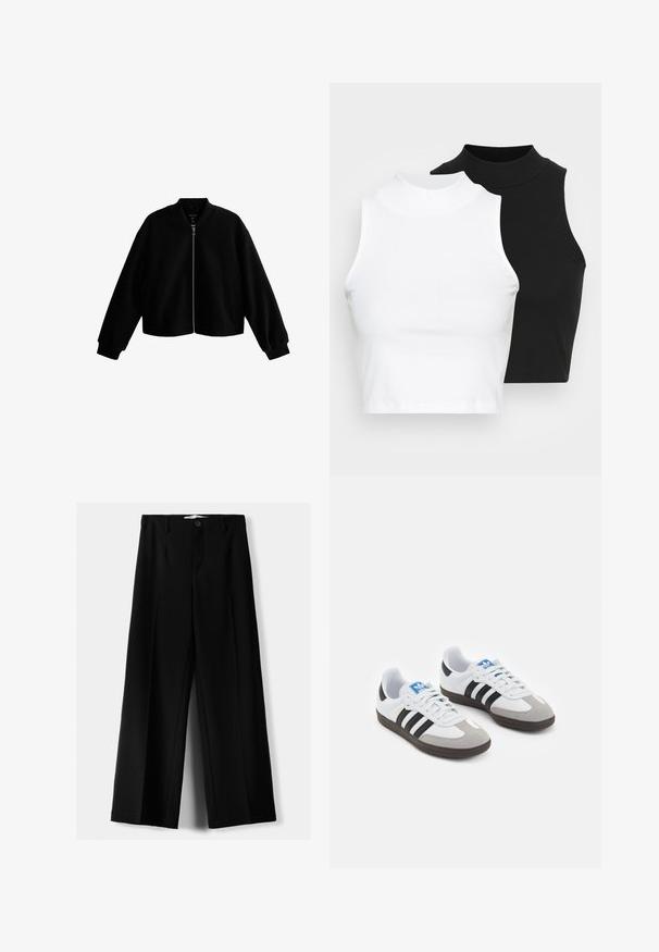 Zwarte cropped bomberjack met een ronde hals, een ritssluiting aan de voorkant en zijzakken. Gemaakt van gladde stof met ribgebreide manchetten en zoom.; Twee mouwloze ribgebreide coltruien in zwart en wit, met een slim fit ontwerp en een gladde textuur, met een cropped lengte.; Zwarte wijde broek van lichtgewicht stof, met een knoopsluiting aan de voorkant en een vlakke achterkant, afgewerkt met keurig gestikte zoom.; Sportschoenen met een witte leren bovenkant, grijze suède neus en drie zwarte strepen. Bevat een blauw logo op de tong en een gestructureerde rubberen zool.