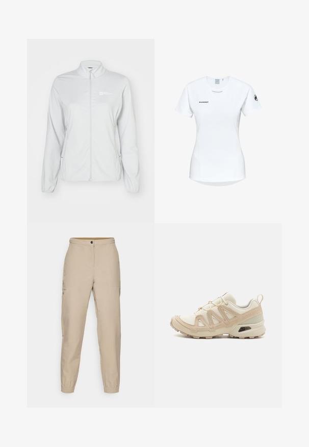 Lichtgrijze ritsjack met een staande kraag, lange mouwen, zijzakken en een subtiel logo op de linkerborst. Glad, stretchy materiaal.; Korte mouwen witte sportshirt met een ronde halslijn, voorzien van een logo op de borst en een gladde, lichte stoftextuur.; Beige taps gevormde broeken met een platte voorkant, zijzakken, elastische manchetten en een knoopsluiting. Gemaakt van soepel stof met een subtiele glans.; Beige en crème sportschoen met een textuur-mesh bovenwerk, ondersteunende overlays en een rubberen zool met een profielpatroon voor grip.
